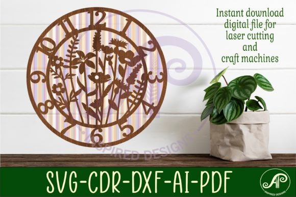 Elegant Wild Flower Wall Clock Laser Cut Files for Crafters